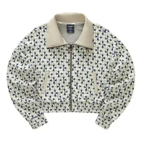 Giacca corta con zip e collo alto con logo stampato “Beige Blu Bianco”