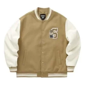 Giacca da baseball con stampa a lettere “Beige Bianco Nero”