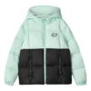 Giacca in piuma tessuta con cappuccio casual a blocchi di colore “Verde Nero”