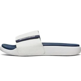 Pantofole sportive da esterno con tacco basso e chiusura in velcro, bianco e blu