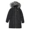 Piumino lungo con cappuccio in pelliccia e coulisse in vita “Black White”